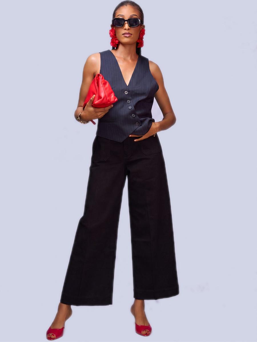 Mango - Pantalon jean large noir